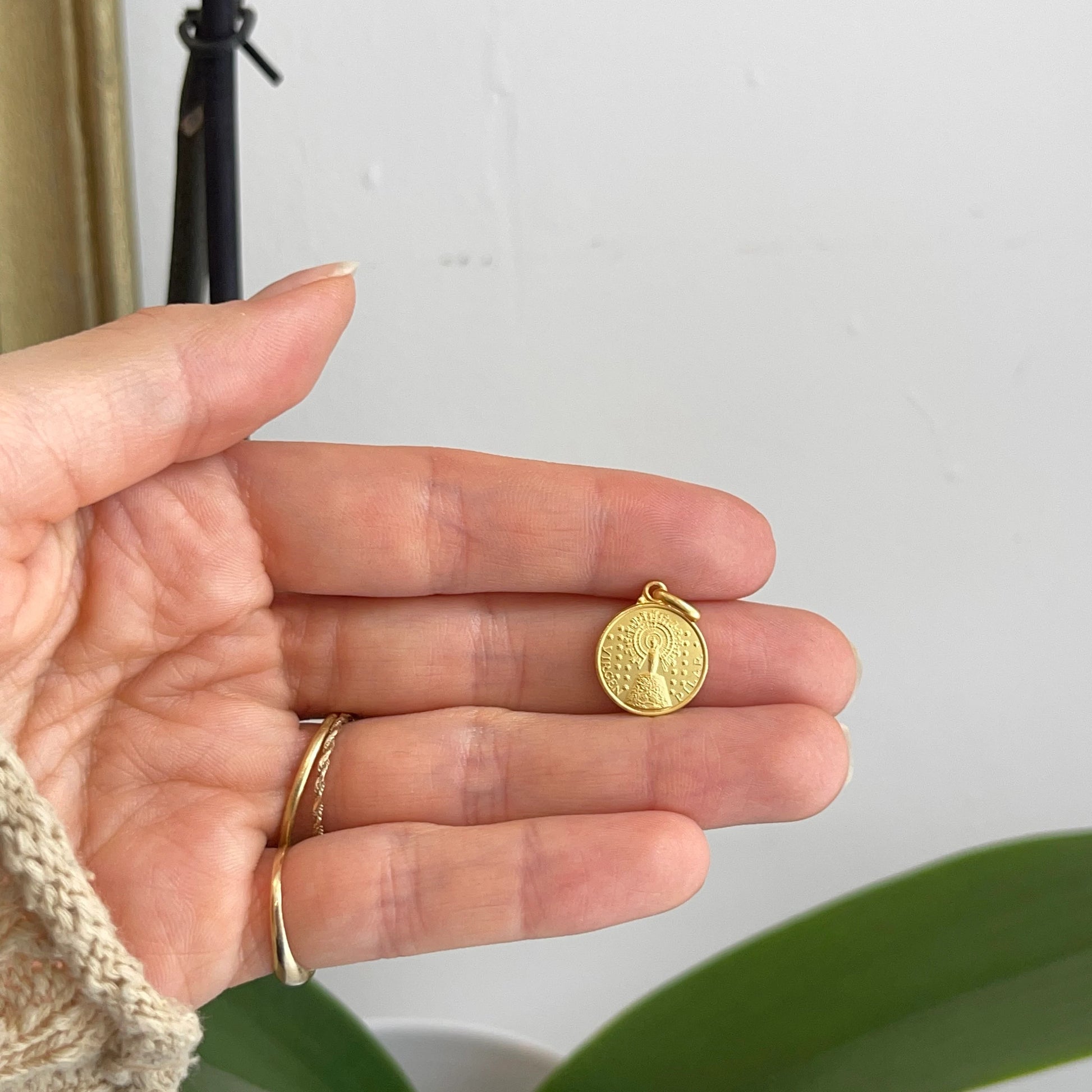 18KT Yellow Gold Solid Our Lady of Pilar 14mm Medal Pendant Charm Matte - LSJ