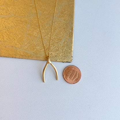 14KT Yellow Gold Wishbone Lucky Pendant Chain Necklace 18"