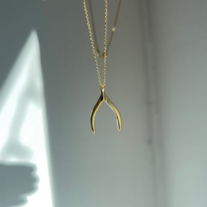 14KT Yellow Gold Wishbone Lucky Pendant Chain Necklace 18"
