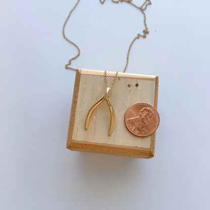 14KT Yellow Gold Wishbone Lucky Pendant Chain Necklace 18"