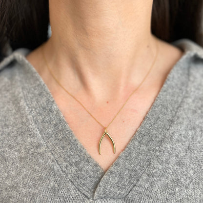 14KT Yellow Gold Wishbone Lucky Pendant Chain Necklace 18"