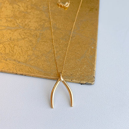14KT Yellow Gold Wishbone Lucky Pendant Chain Necklace 18"