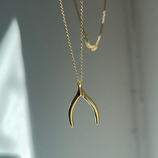 14KT Yellow Gold Wishbone Lucky Pendant Chain Necklace 18"