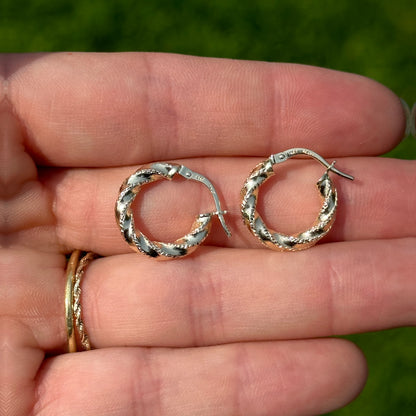 14KT Yellow Gold 3mm Twisted Textured Hoop Earrings 15mm