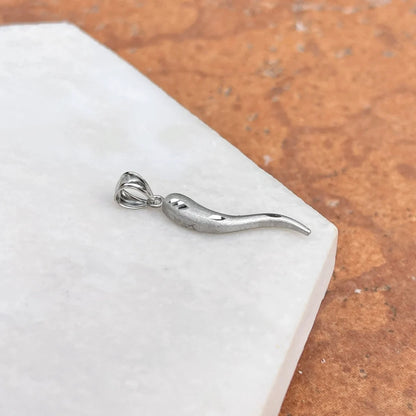 14KT White Gold Diamond-Cut "Cornicello" Italian Horn Pendant 30mm