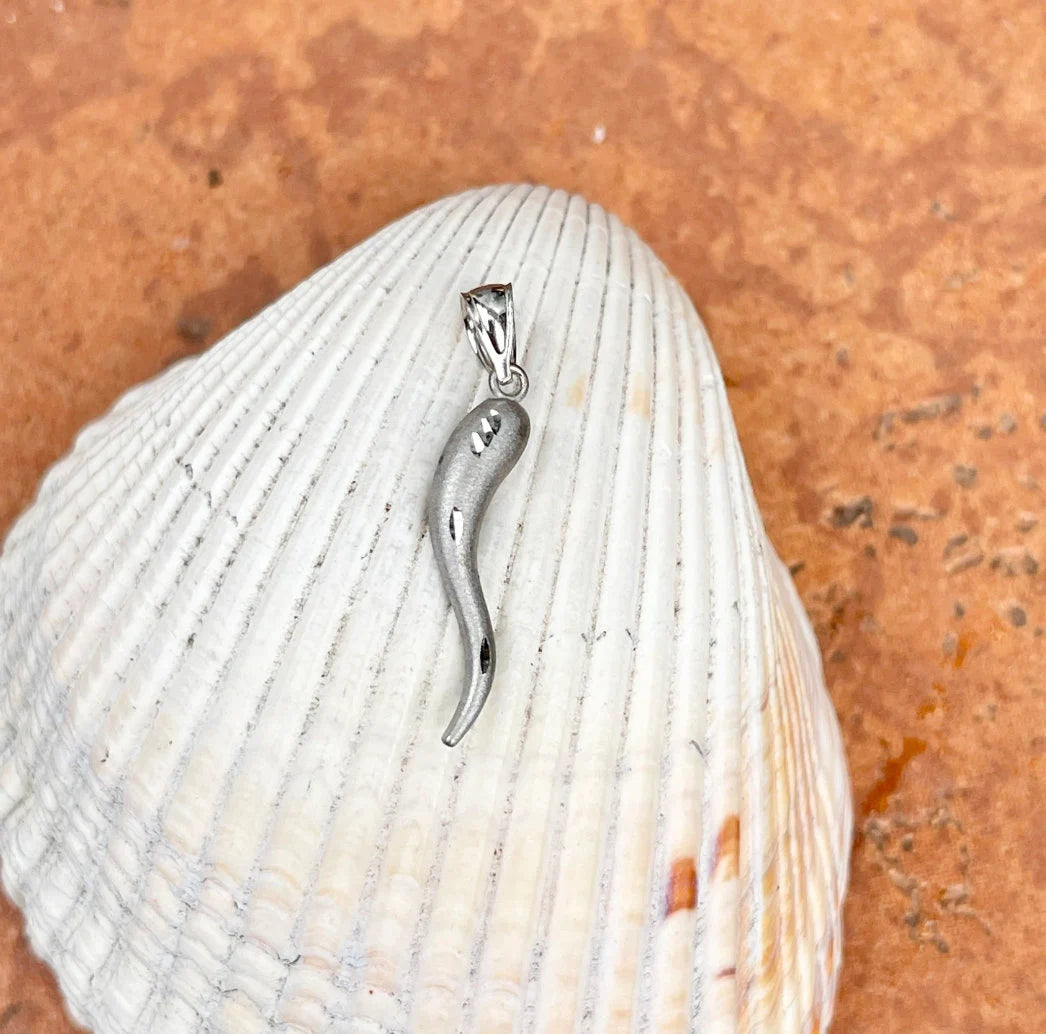 14KT White Gold Diamond-Cut "Cornicello" Italian Horn Pendant 30mm
