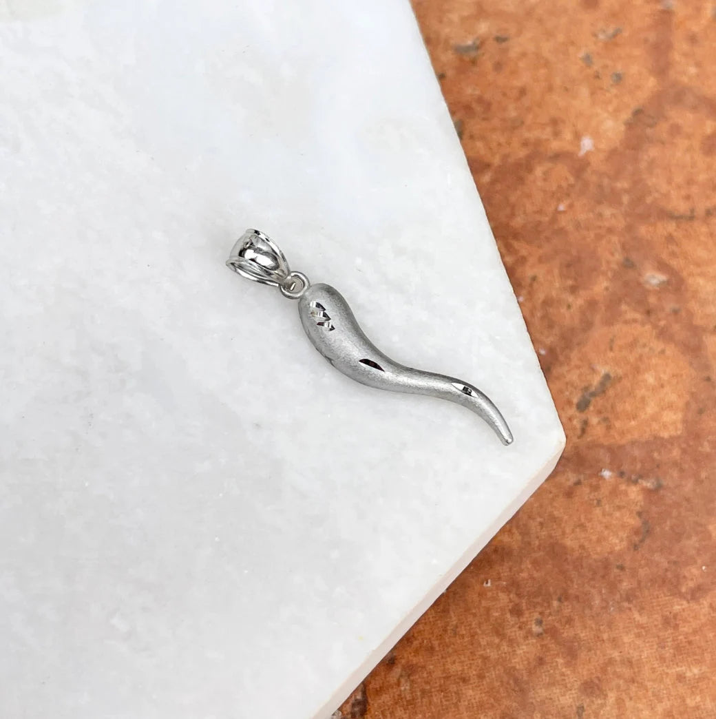 14KT White Gold Diamond-Cut "Cornicello" Italian Horn Pendant 30mm