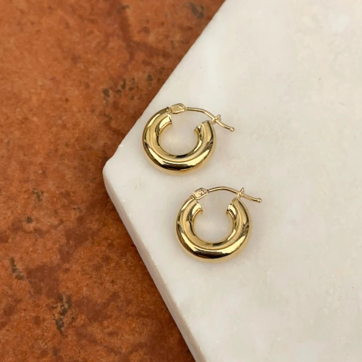 18KT Yellow Gold 4mm Tube Chunky Huggie Hoop Earrings 14mm