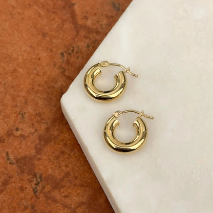 18KT Yellow Gold 4mm Tube Chunky Huggie Hoop Earrings 14mm