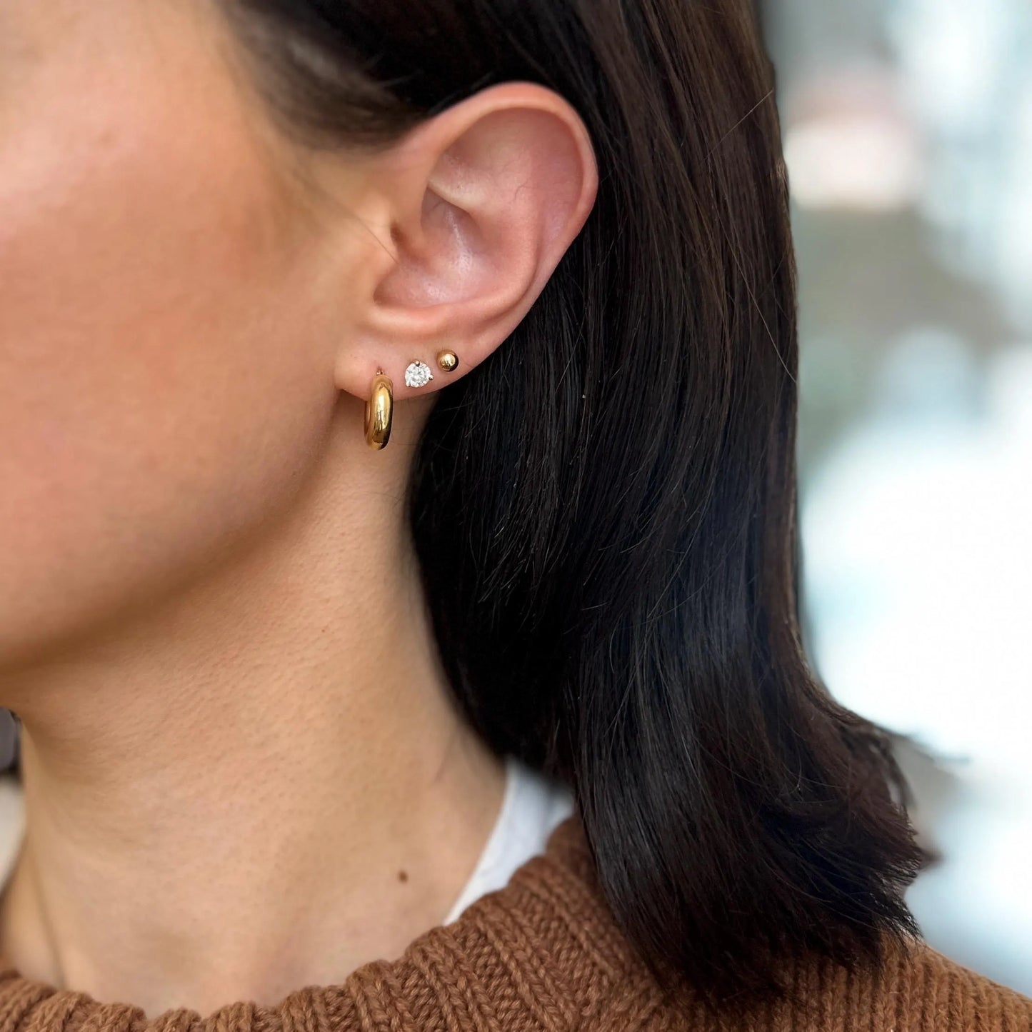 18KT Yellow Gold 4mm Tube Chunky Huggie Hoop Earrings 14mm