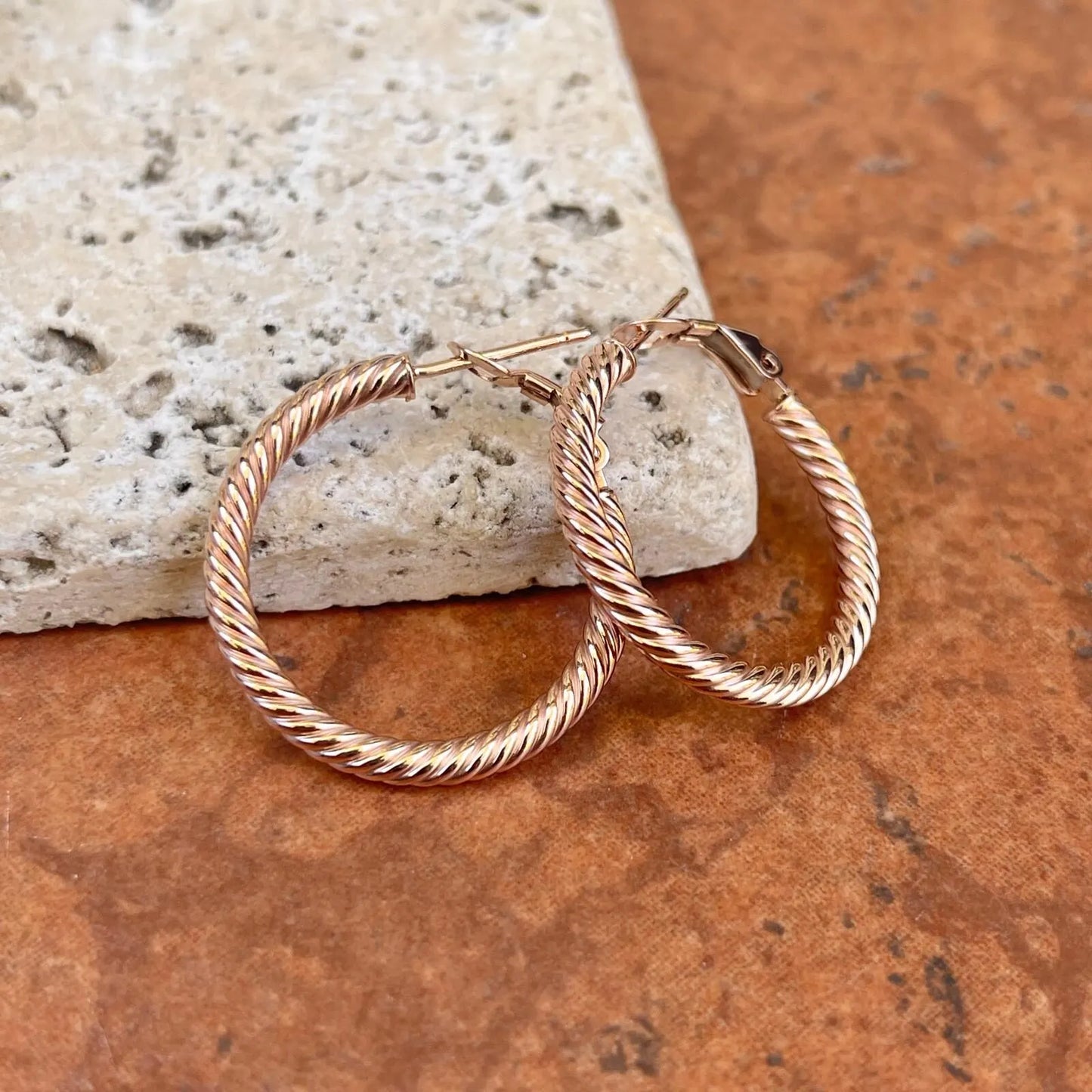 10KT Rose Gold Twisted 3mm Tube Hoop Earrings 26mm