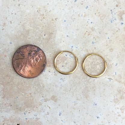14KT Yellow Gold Shiny Thin Endless Hoop Earrings 13mm