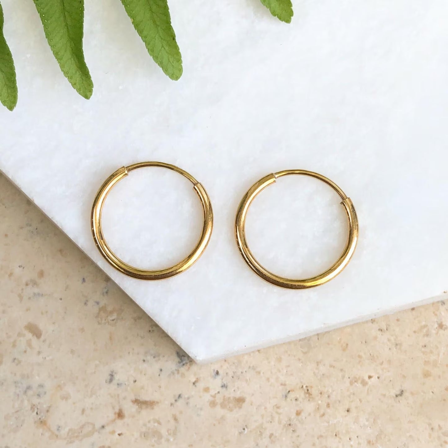 14KT Yellow Gold Shiny Thin Endless Hoop Earrings 13mm