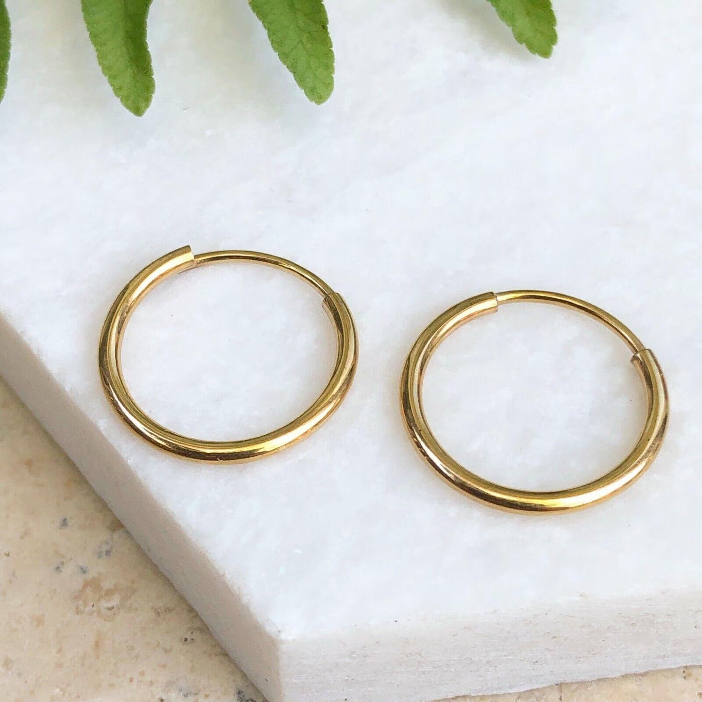 14KT Yellow Gold Shiny Thin Endless Hoop Earrings 13mm