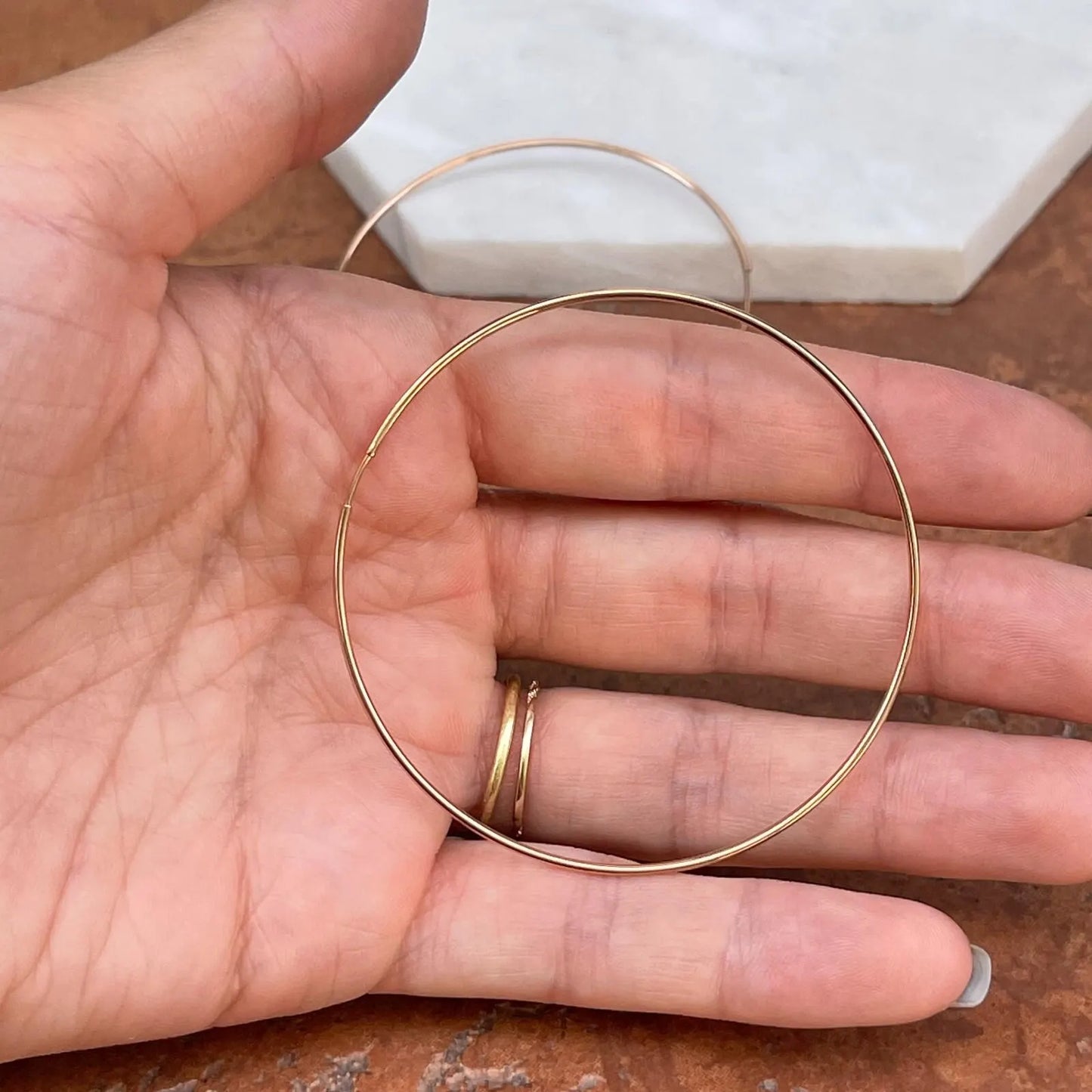 14KT Rose Pink Gold 1.25mm Thin Tube Endless Round Hoop Earrings 60mm