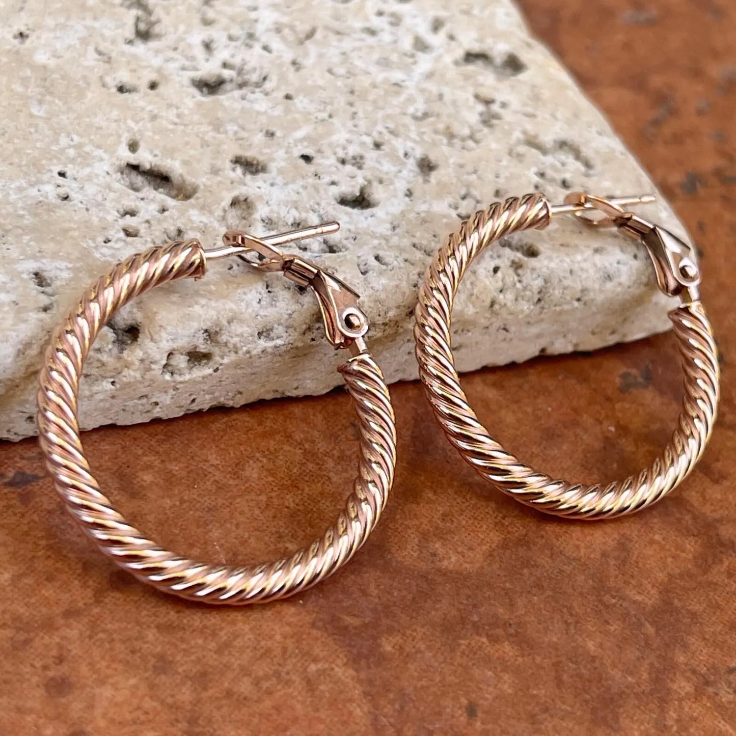 10KT Rose Gold Twisted 3mm Tube Hoop Earrings 26mm