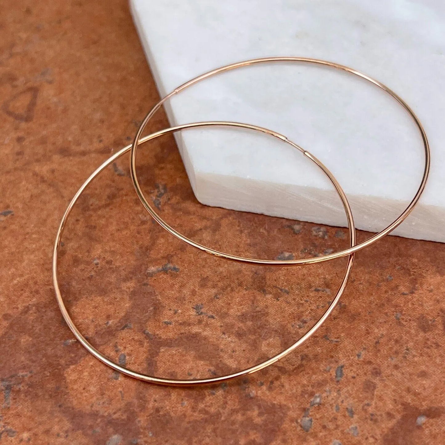 14KT Rose Pink Gold 1.25mm Thin Tube Endless Round Hoop Earrings 60mm