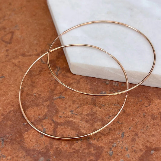 14KT Rose Pink Gold 1.25mm Thin Tube Endless Round Hoop Earrings 60mm