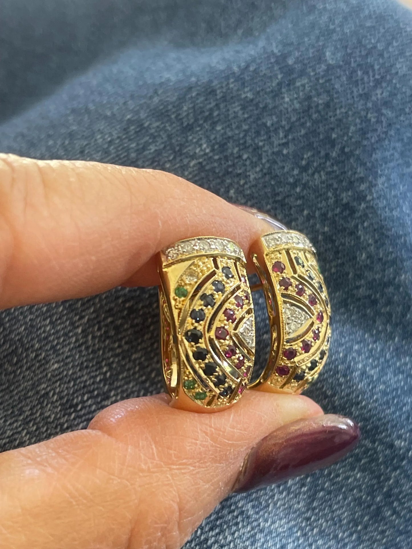 Estate 18KT Yellow Gold Diamond + Emerald, Sapphire, Ruby Half-Hoop Earrings