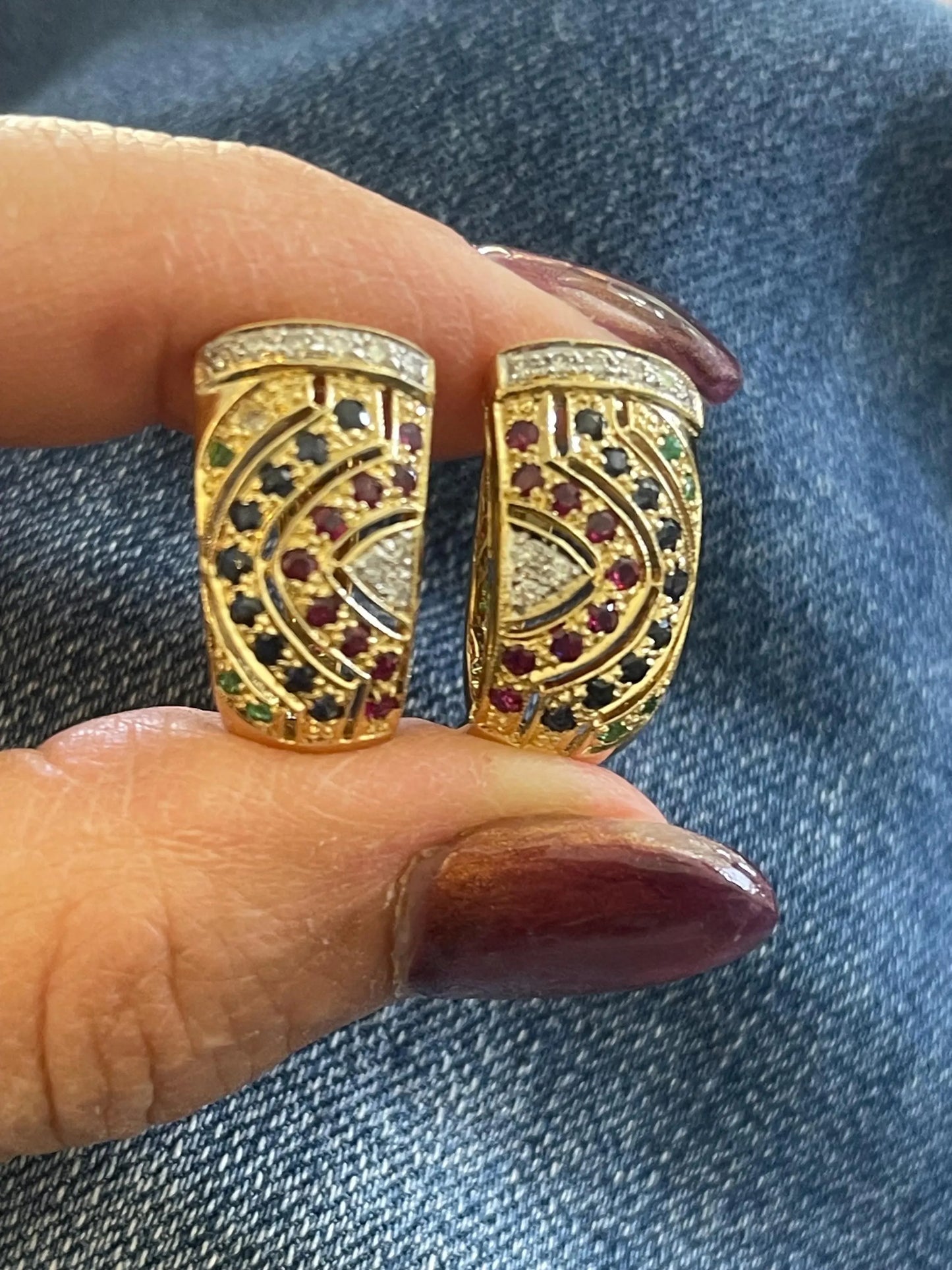 Estate 18KT Yellow Gold Diamond + Emerald, Sapphire, Ruby Half-Hoop Earrings