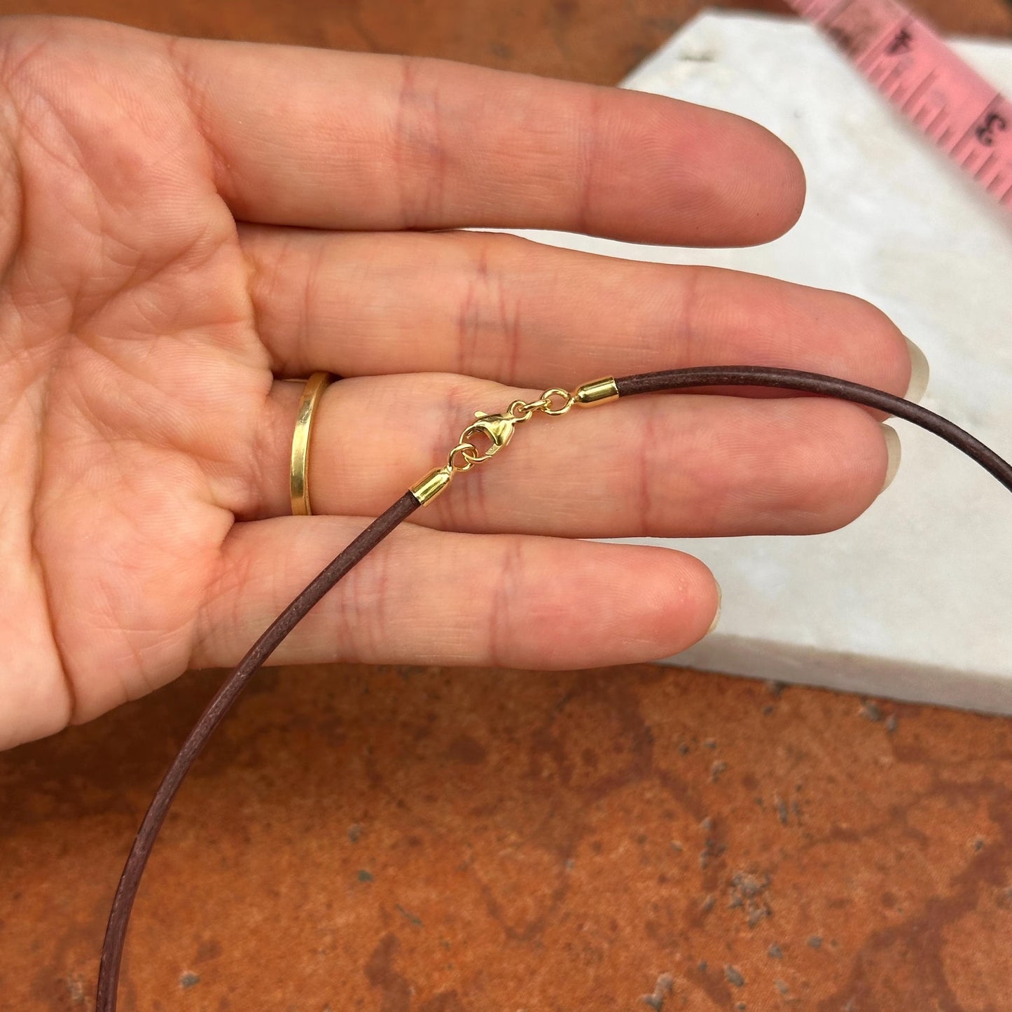 14KT Yellow Gold Dark Brown Leather Cord Necklace 15"