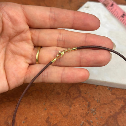 14KT Yellow Gold Dark Brown Leather Cord Necklace 15"