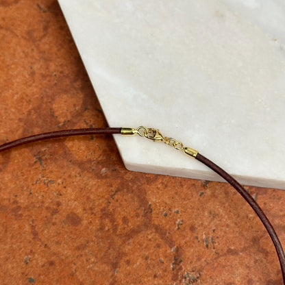 14KT Yellow Gold Dark Brown Leather Cord Necklace 15"