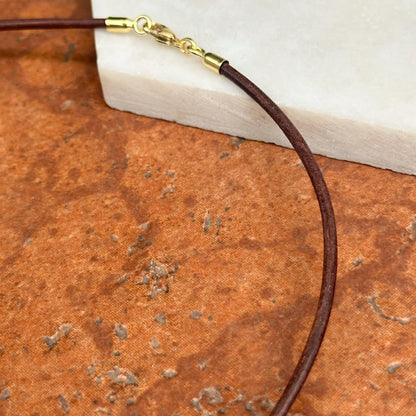 14KT Yellow Gold Dark Brown Leather Cord Necklace 15"