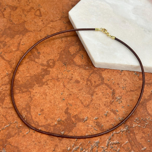 14KT Yellow Gold Dark Brown Leather Cord Necklace 15"