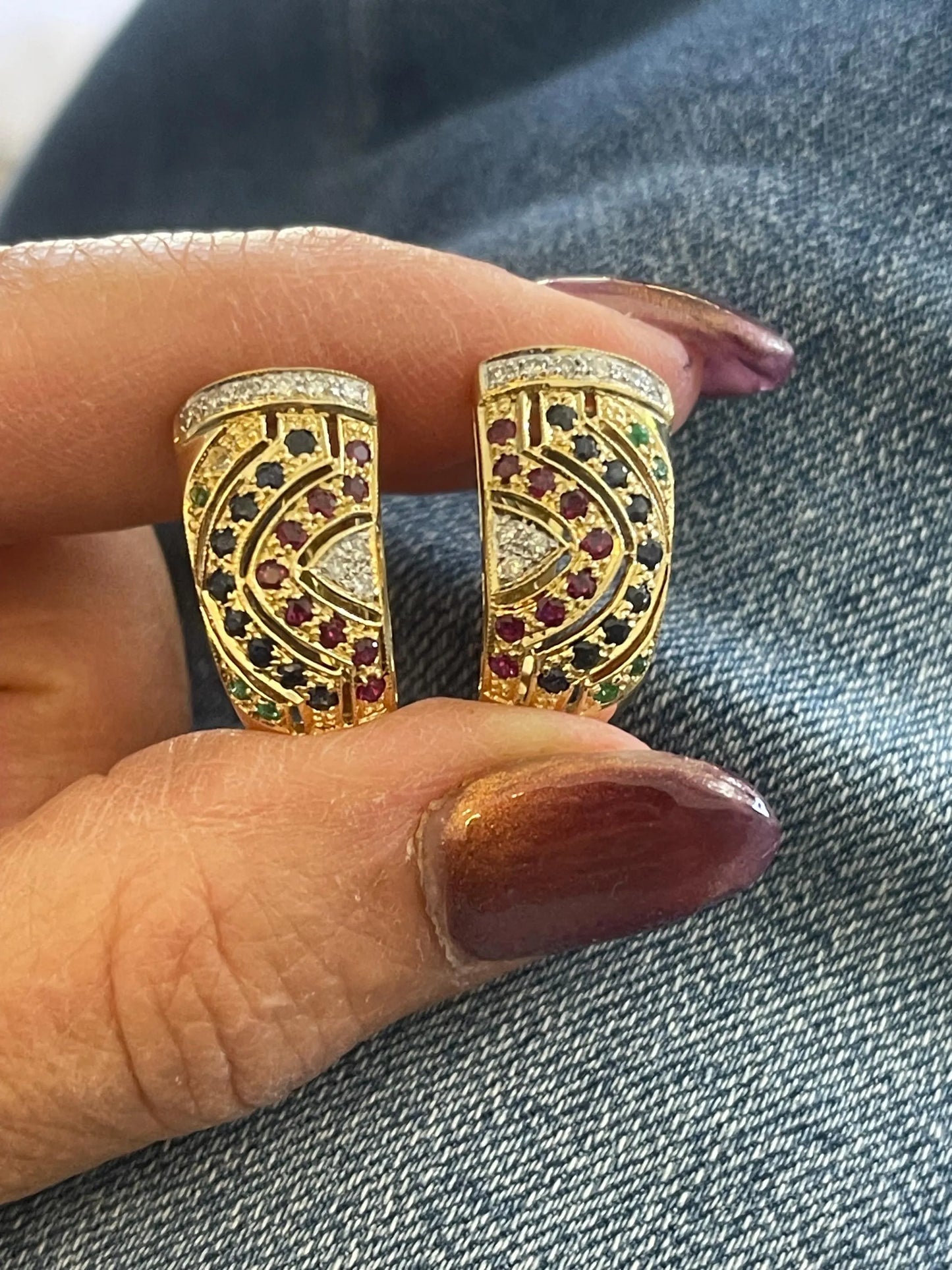 Estate 18KT Yellow Gold Diamond + Emerald, Sapphire, Ruby Half-Hoop Earrings