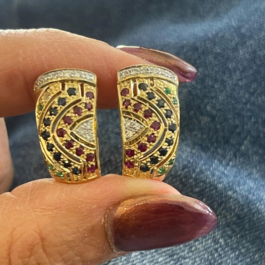 Estate 18KT Yellow Gold Diamond + Emerald, Sapphire, Ruby Half-Hoop Earrings
