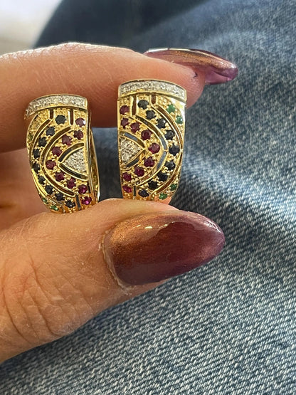 Estate 18KT Yellow Gold Diamond + Emerald, Sapphire, Ruby Half-Hoop Earrings