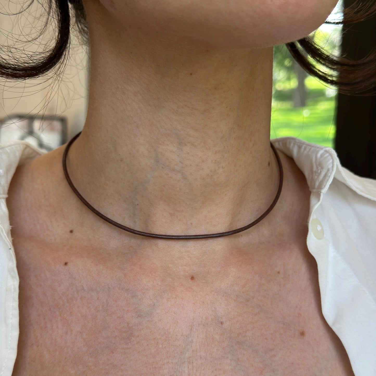 14KT Yellow Gold Dark Brown Leather Cord Necklace 15"