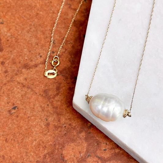 14KT Yellow Gold Fresh Water Baroque Pearl + Fine Singapore Chain 17''