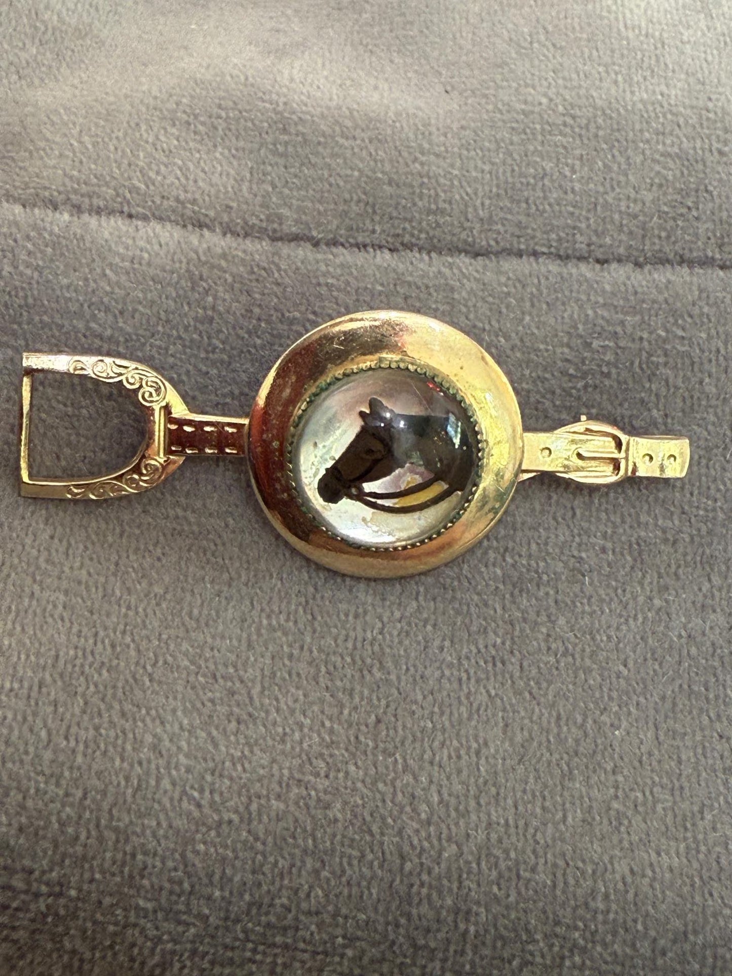 Estate Antique Gold Tone Painted Horse Crystal Stirrup Pin Brooch