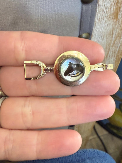 Estate Antique Gold Tone Painted Horse Crystal Stirrup Pin Brooch