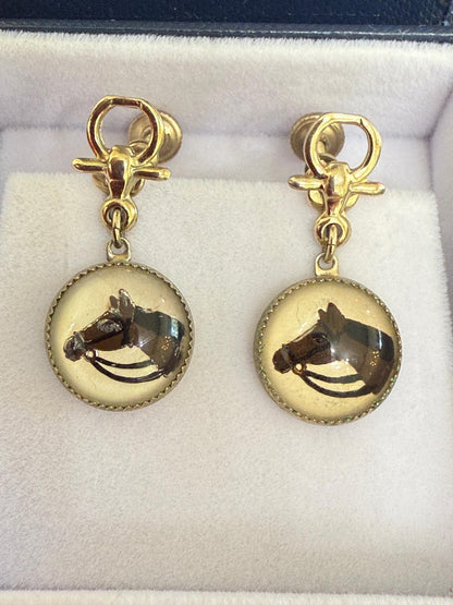 Antique Gold Tone Painted Horse Crystal Non-Pierced Screw Dangle Earrings