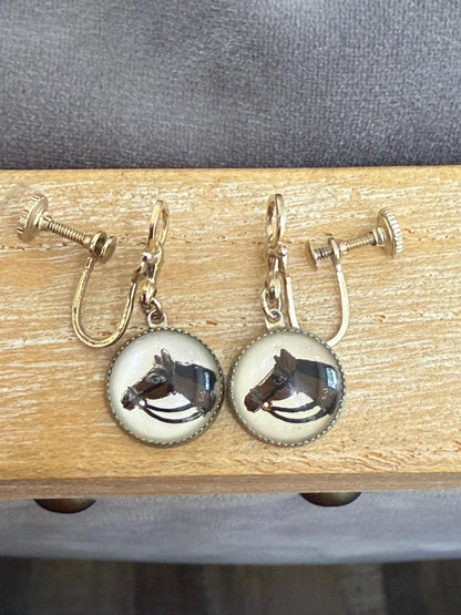 Antique Gold Tone Painted Horse Crystal Non-Pierced Screw Dangle Earrings
