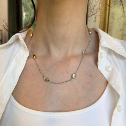 14KT White Gold Rolo + Puffed Station Oval Bead Necklace 18"