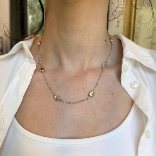 14KT White Gold Rolo + Puffed Station Oval Bead Necklace 18"