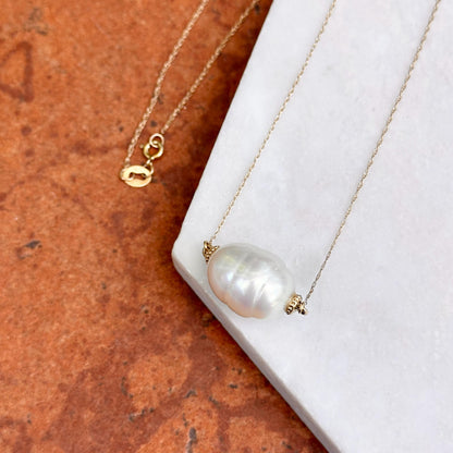 14KT Yellow Gold Fresh Water Baroque Pearl + Fine Singapore Chain 17''