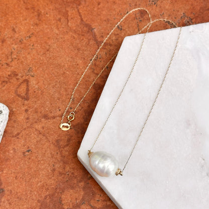 14KT Yellow Gold Fresh Water Baroque Pearl + Fine Singapore Chain 17''