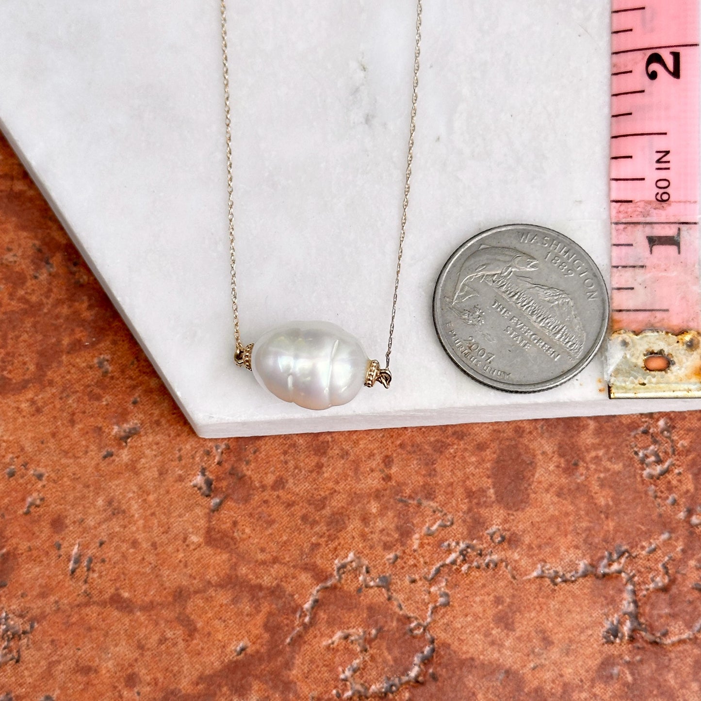 14KT Yellow Gold Fresh Water Baroque Pearl + Fine Singapore Chain 17''