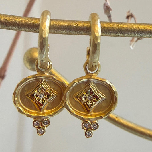 14KT Yellow Gold Hammered Huggie Hoop Round Diamond Earring Dangles Charms