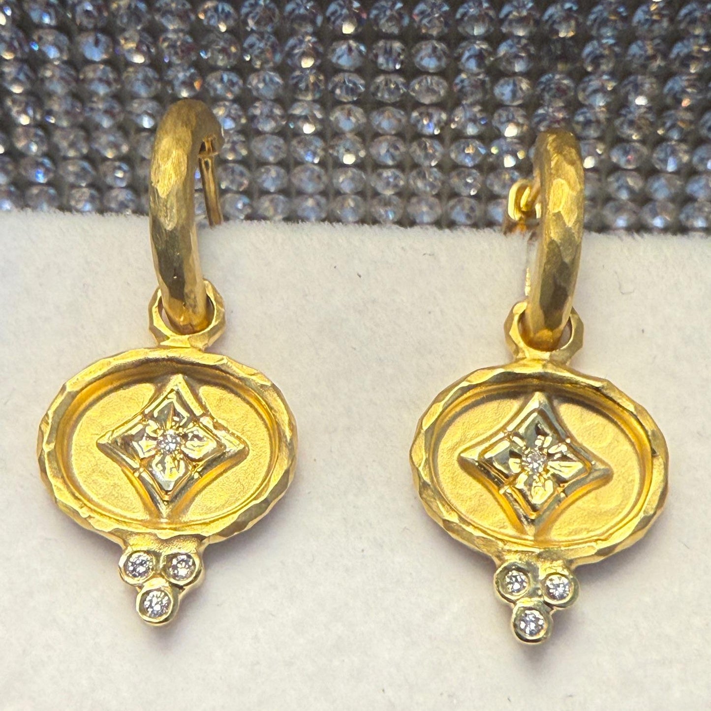 14KT Yellow Gold Hammered Huggie Hoop Round Diamond Earring Dangles Charms