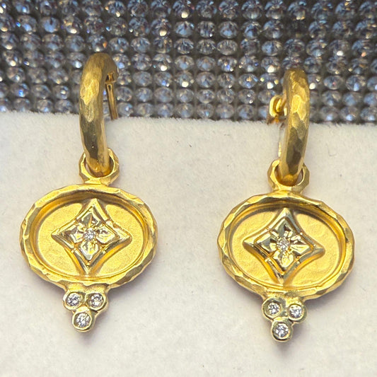 14KT Yellow Gold Hammered Huggie Hoop Round Diamond Earring Dangles Charms