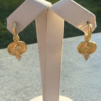 14KT Yellow Gold Hammered Huggie Hoop Round Diamond Earring Dangles Charms