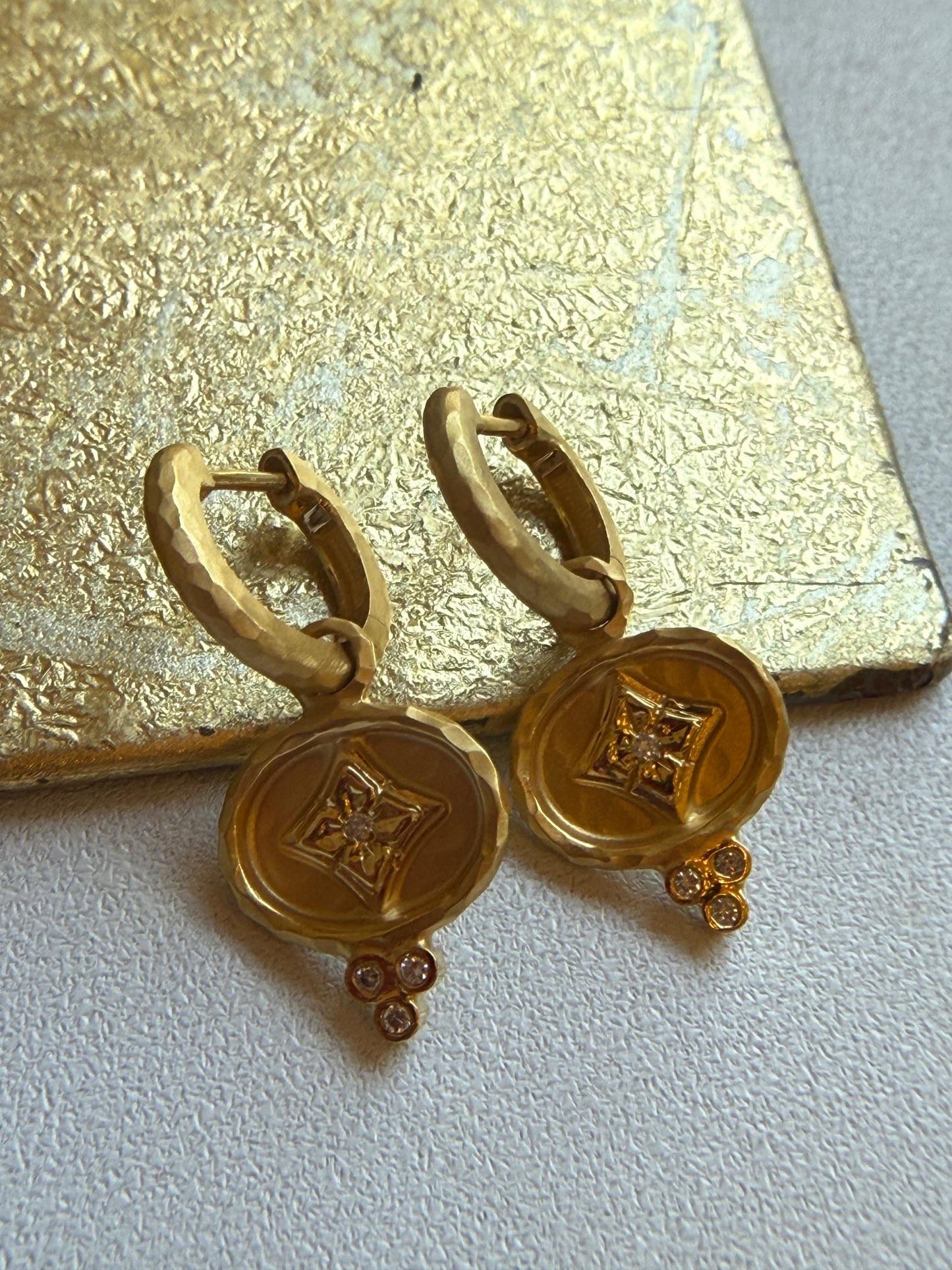 14KT Yellow Gold Hammered Huggie Hoop Round Diamond Earring Dangles Charms