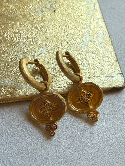 14KT Yellow Gold Hammered Huggie Hoop Round Diamond Earring Dangles Charms