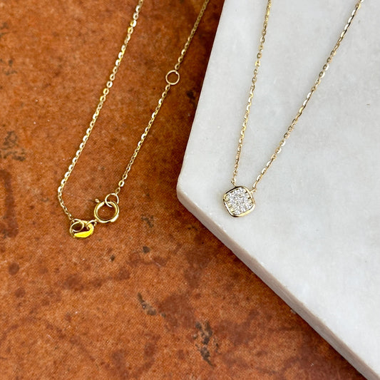 14KT Yellow Gold Pave Square Diamond Pendant Mini Necklace 16"-18"